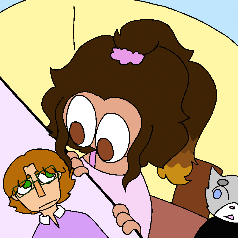 Aldrich cowers in the lower left of the panel. Cherry is in the upper half of it, with a black line separating them, which mew leans over to stare at Aldrich with big eyes.