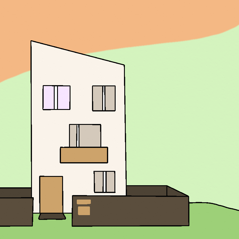 The outside of a townhouse, separated from any other townhouse. Its exterior is a light cream-gray, with a balcony and multitude of windows. Around it is a dark brown fence. There's no other buildings around it, only rolling green hills and an orange sky.