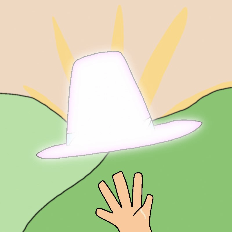 A glowing white outline of a hat materializes above their hand.