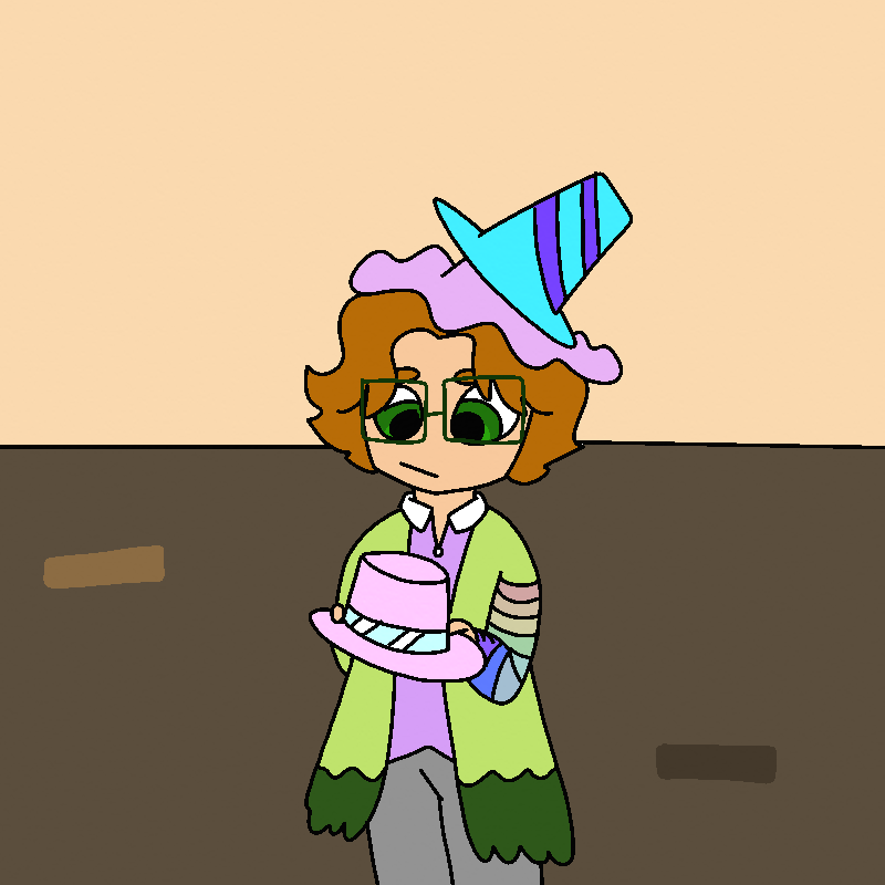 Aldrich holds the new hat and looks at it with disappointment. They're wearing two other hats on top of their head already, and a weird green robe with striped rainbow sleeves.