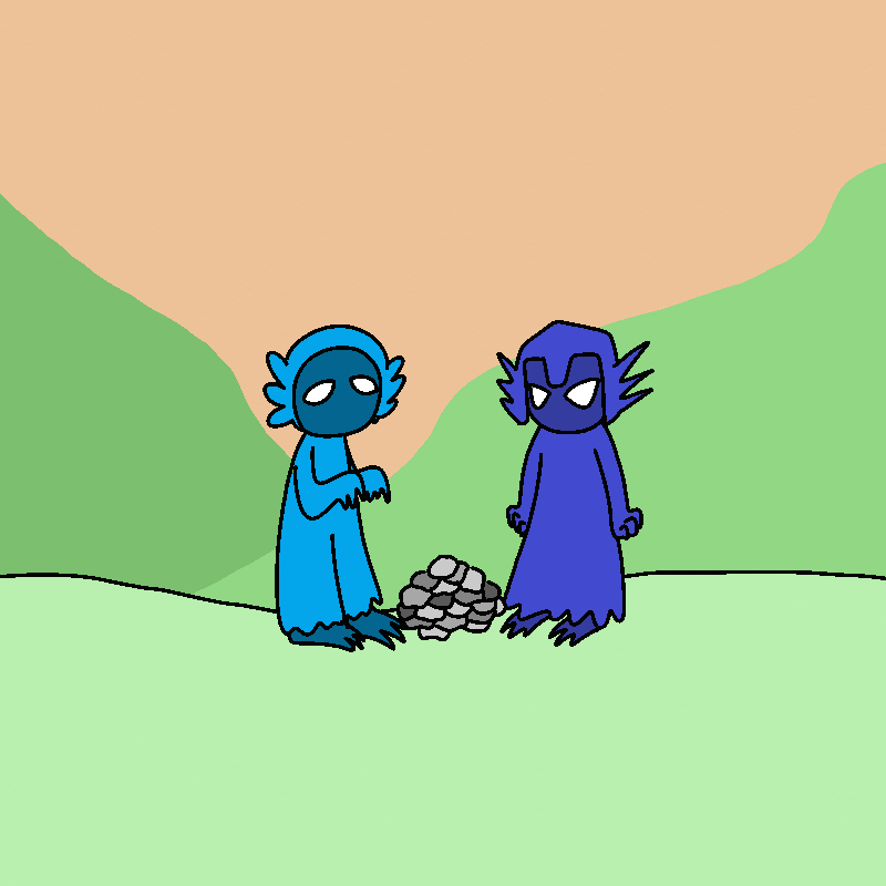 A couple of humanoid monsters. The one on the left is a light blue, while the one on the right is a dark blue. They seem to be wearing helmets, and have no defining features other than glowing white eyes. There's a pile of small rocks between them.