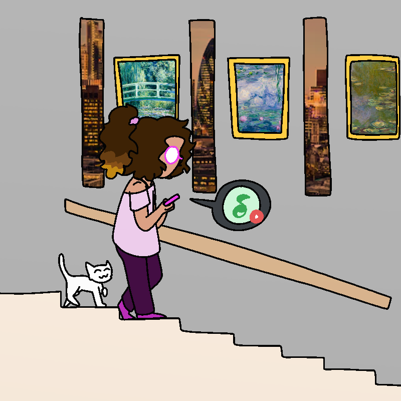 Cherry walks down some stairs, still on mew's phone. A small white cat follows mew. There are three long and narrow windows on the wall showing a cityscape outside, and a few Claude Monet paintings between them.
