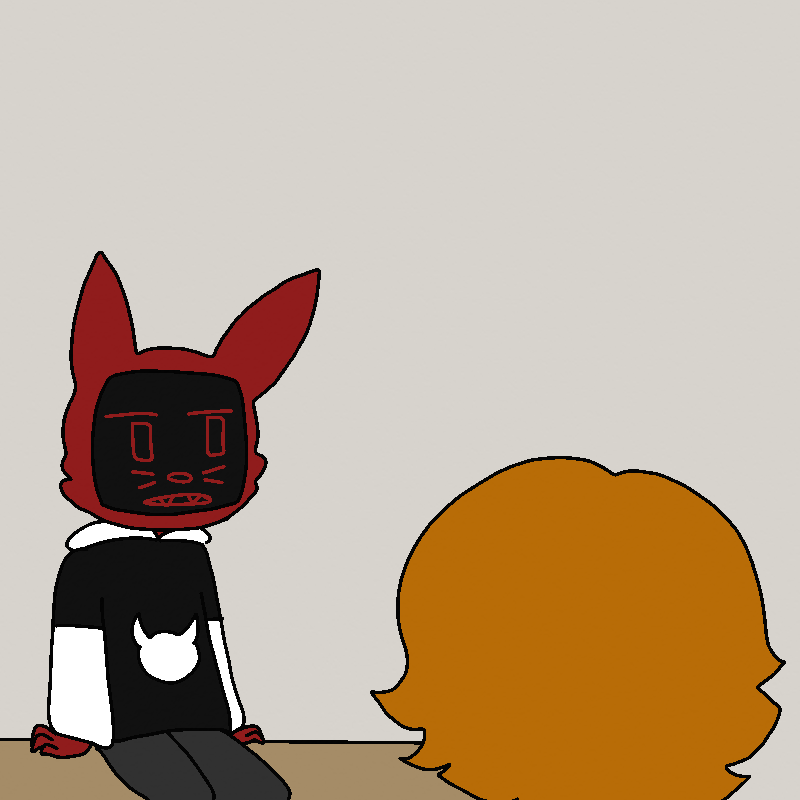 A red rabbit villager with a black screen for a face sits on a countertop, scowling at Aldrich.