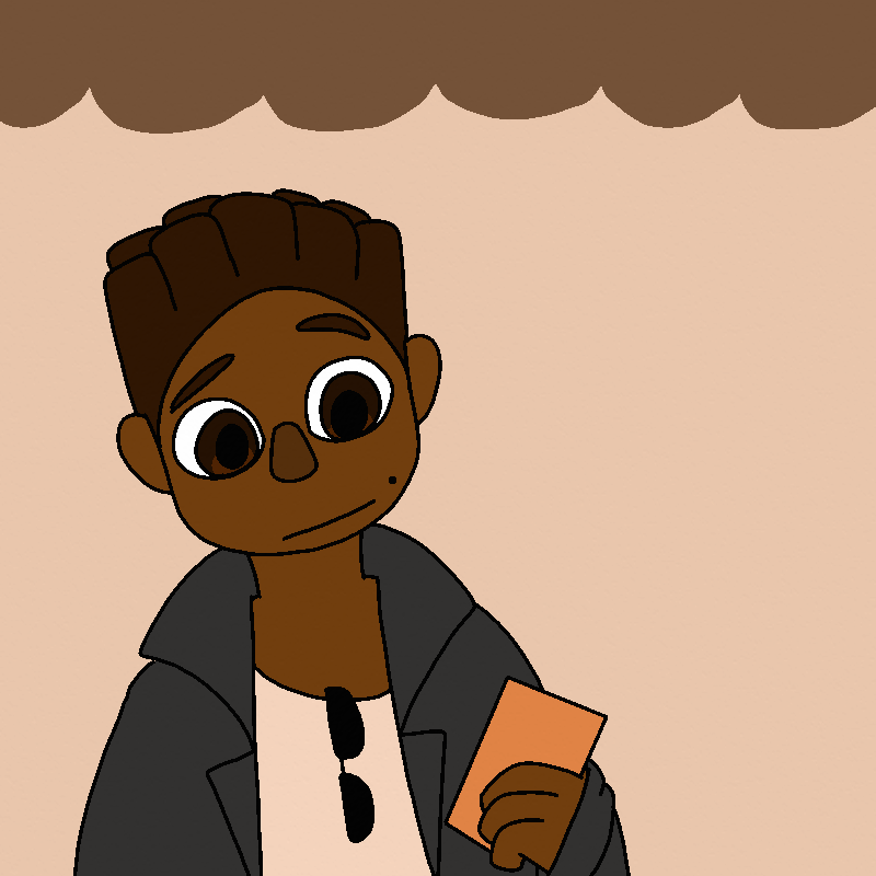 Julio smiles at his phone in amusement. He has brown eyes, short brown hair in thick bantu knots, and a beauty mark on his left cheek. He's wearing a pale orange shirt under his leather jacket, with sunglasses clipped to the front of it.