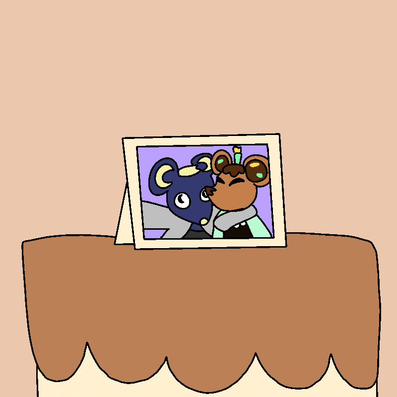 A framed picture of Pippa with another mouse villager. The other has blonde hair and dark blue fur. They're both happy.