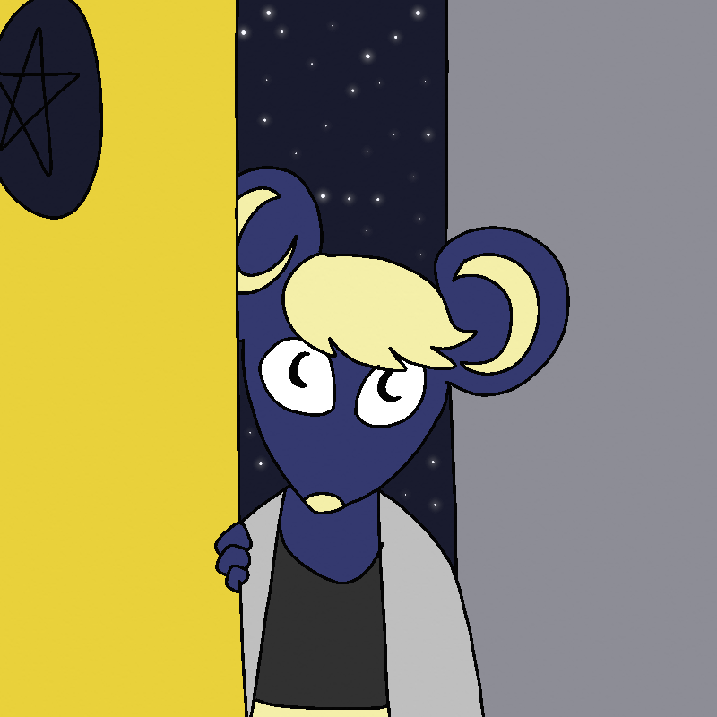 A dark blue mouse with yellow hair sticks her head out of the door. Her irises are moon shaped. It's the mouse from the picture in Pippa's house.