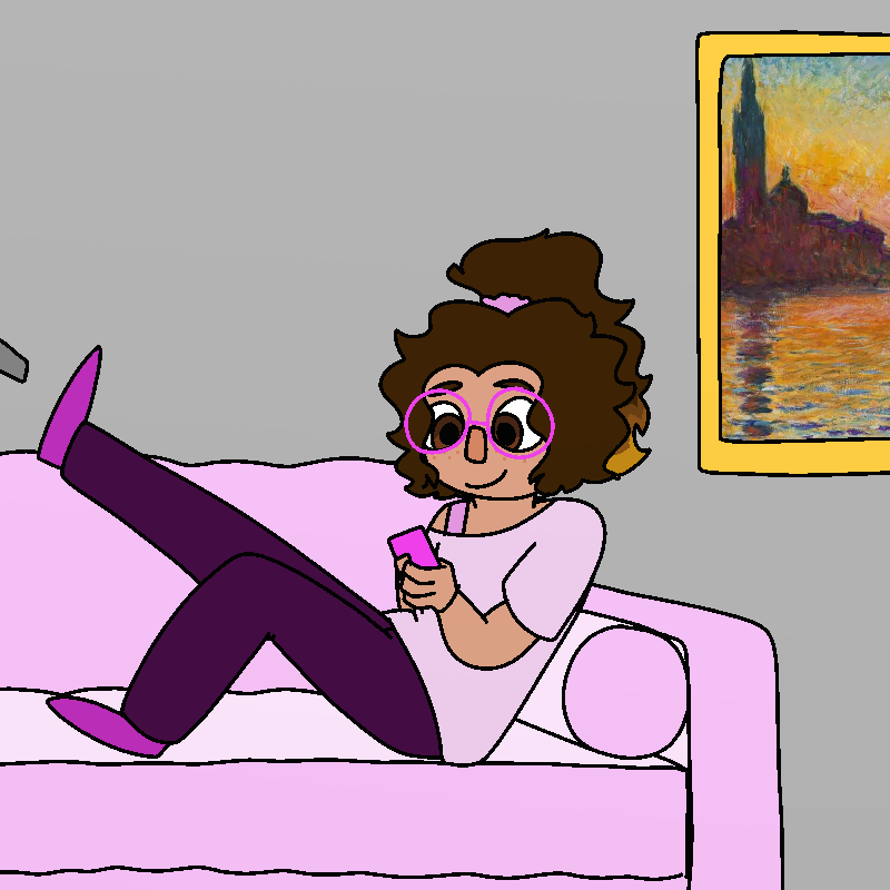Cherry flops down onto a pink couch with a smile, looking at mew's phone.