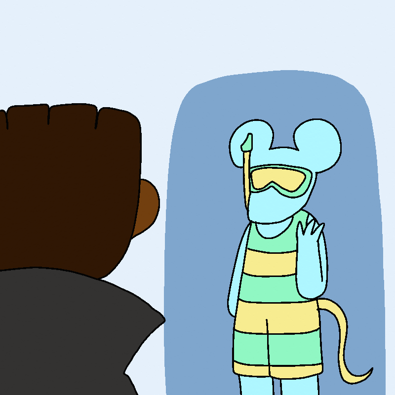 A mouse steps out of the door. She has light blue fur, and is wearing a one piece striped green and yellow swimsuit. She has a mask and snorkel on her face. She's holding up a hand at Julio.