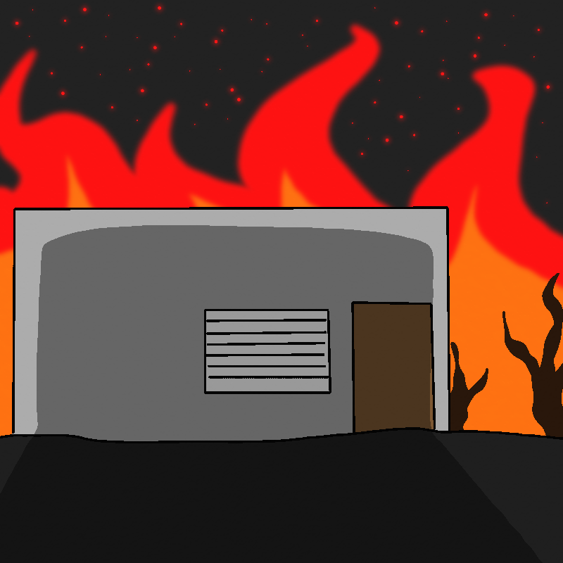 The outside of a small building. It has gray walls and a brown front door. In the distance, giant flames lick the dark sky, and the ground is dead grass.