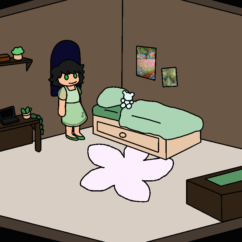 Isabelle stands in their room. The walls are a dark brown, and the floor is a light beige color, with a flower-shaped rug in the middle. They have a bed with green sheets in one corner, with posters of paintings on the wall above it. There's a dark brown desk in one corner, with a laptop on it and a shelf on the wall above it. There's multiple plants on the shelf and desk. Across from them looks like a dark brown dresser.