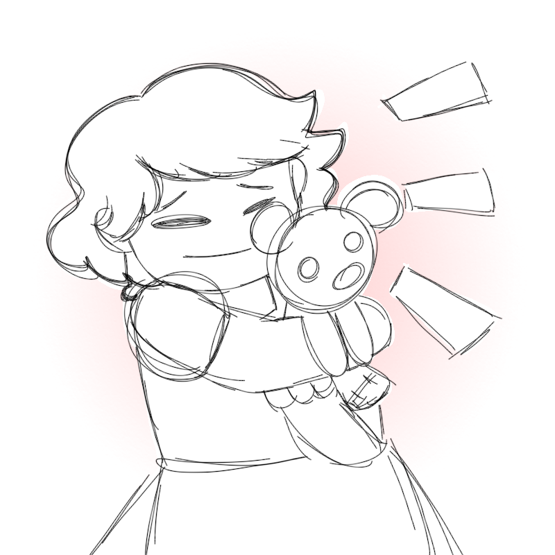 A sketchy drawing of Isabelle hugging the bear tightly, smiling, eyes closed. It's mimicking the panel where Cherry hugged mew's cat.