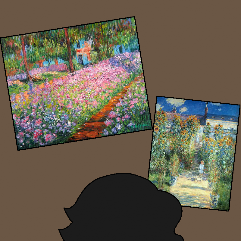 A couple of posters of Monet paintings hang on the wall above Isabelle's bed.