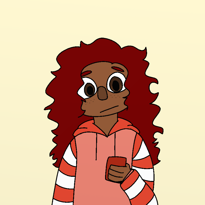 Amada looks at her phone with a nervous expression. She has brown skin, brown eyes, freckles, and long, curly red hair. She's wearing a light pink-red hoodie, with striped red and white sleeves.