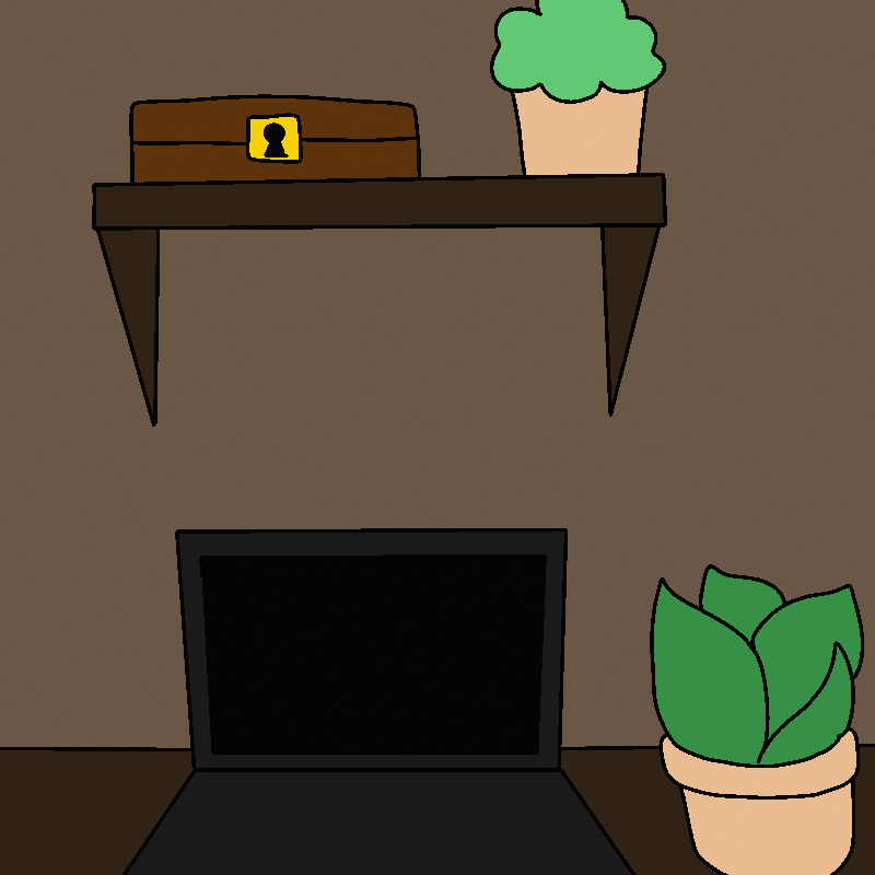 A dark brown desk with a laptop and a potted plant sitting on it. Above it is a shelf with a wooden box and a second plant.