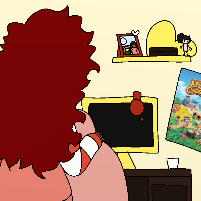 Amada looks at her desk. She has a yellow monitor, and a shelf sits above the desk with a figurine, a framed photo, and a wooden box. On the wall to the right of the desk is an Animal Crossing poster.