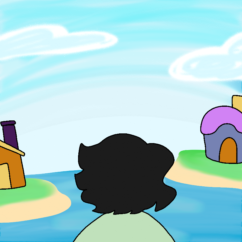 The camera pans down. There's a light blue ocean, with a few islands dispersed here and there, with colorful villager houses on them. The landscape is painted similar to the sky, which is to say, differently. The villager houses remain the same, though. Isabelle looks out at this with their back to the camera.