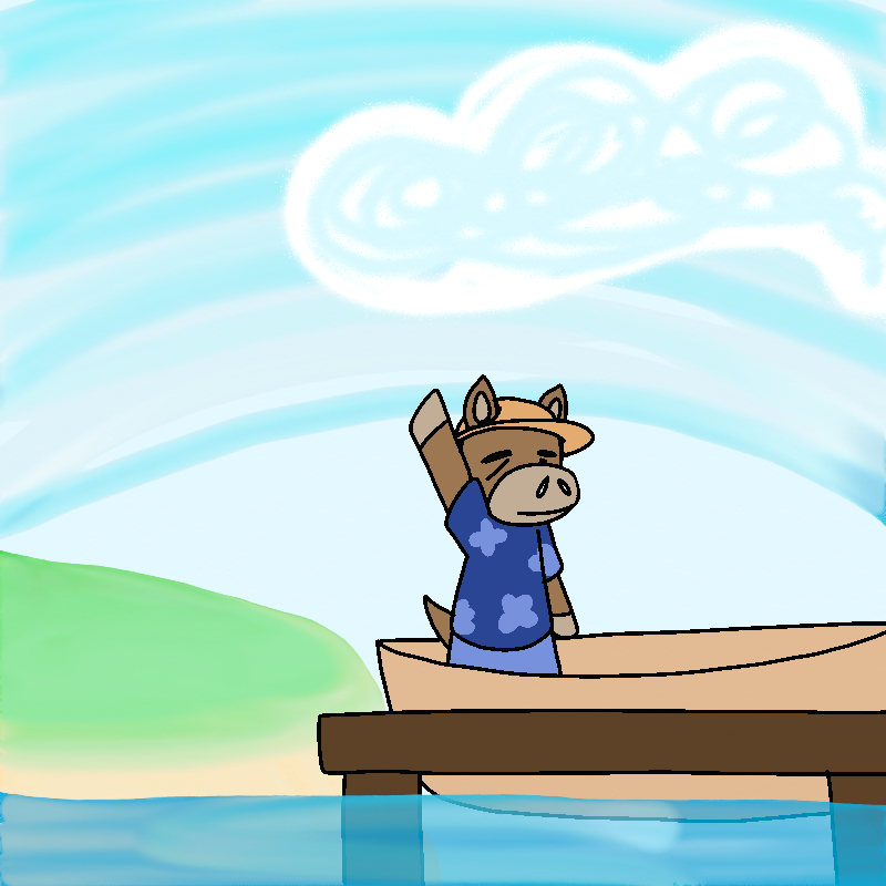 A villager stands in a boat, waving at Isabelle. She's a horse, and has dusty brown fur with lighter brown accents. Her eyes are closed, and she has wrinkles. She's wearing a straw hat, a blue floral-print button-up shirt, and a lighter blue skirt.