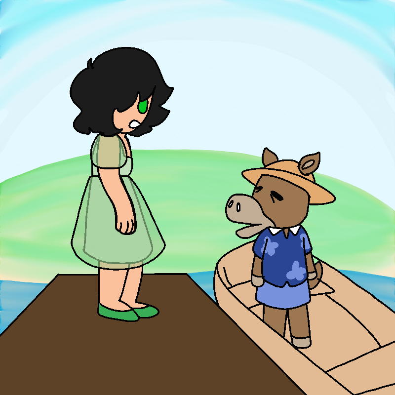 Isabelle stands on a dock where the boat floats and looks at the villager. The villager looks back at them, eyes still closed.