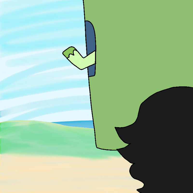 A furry green arm sticks out of a window, waving at Isabelle.