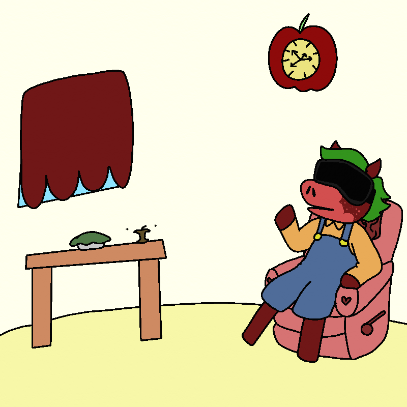 A red horse villager reclines in a chair. He has green hair, and is wearing a VR headset, a yellow button-up, and overalls. There's a rotting pie and an apple core sitting on a table next to his chair, with flies on them.