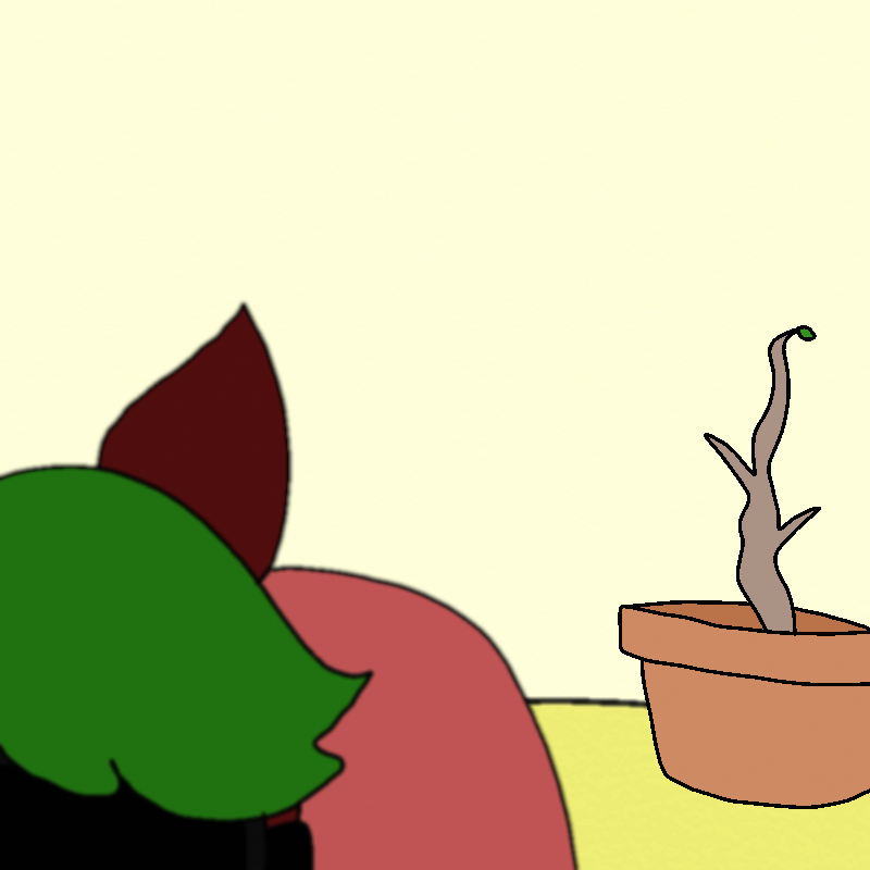 Apples sits in his chair. Past him, in the back of the room, a dead plant in a pot can be seen.