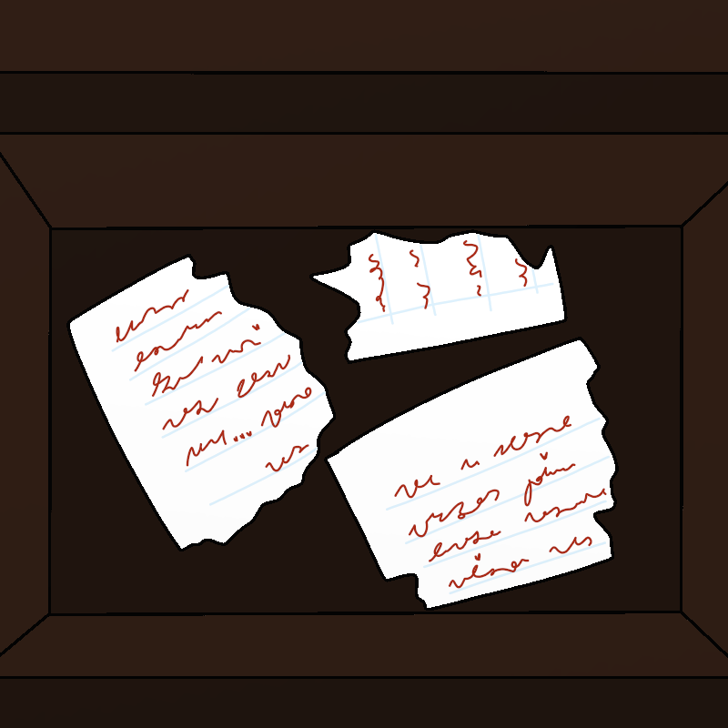 The bottom of a wooden box. It's littered with torn scraps of notebook paper, all with indecipherable writing on them in red pen.
