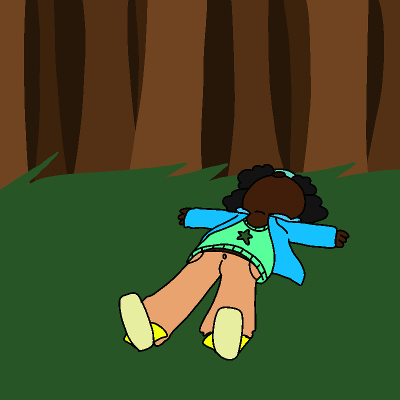 The person from before, now lying on the forest floor. Their arms are splayed and their face isn't visible from this angle.