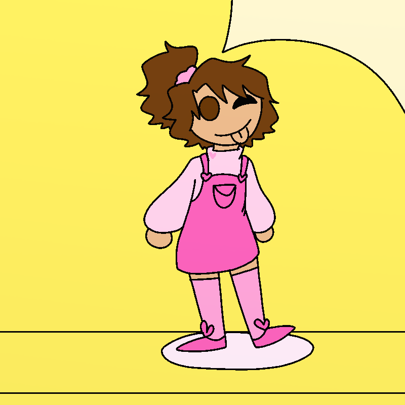 A figurine of a character. They have spiky brown hair put up into a ponytail, tanned skin, and brown eyes. The figurine is winking and sticking their tongue out. They're wearing a pink turtleneck sweater under a darker pink overall dress, with thigh-high pink socks and hot pink shoes. It's Debbie from Spoiler Alert!