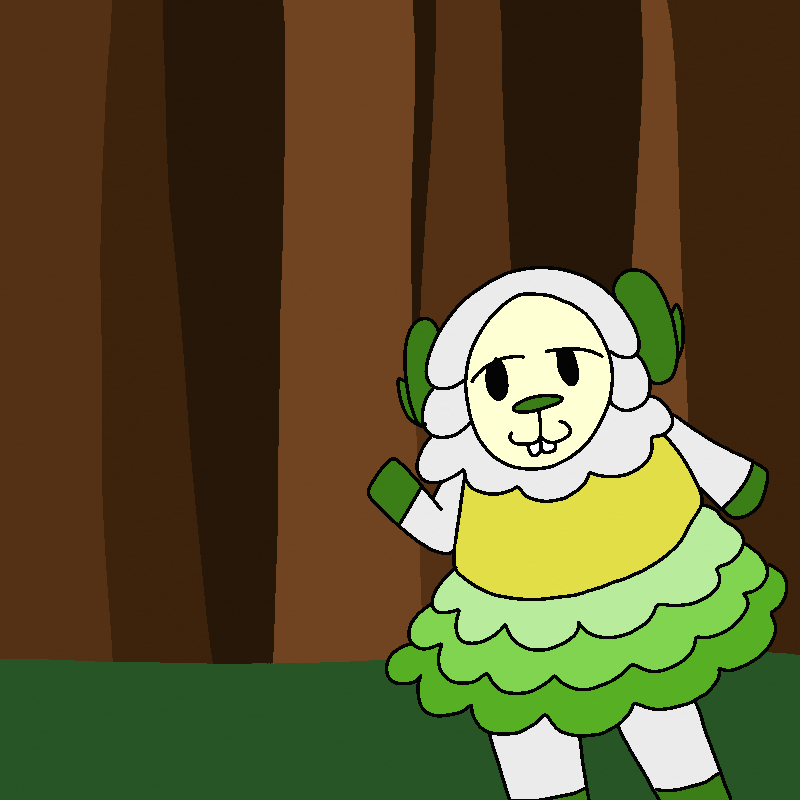 A brightly colored sheep villager. They're mostly white and shades of green, and are wearing a yellow shirt. They're smiling and waving at the person.