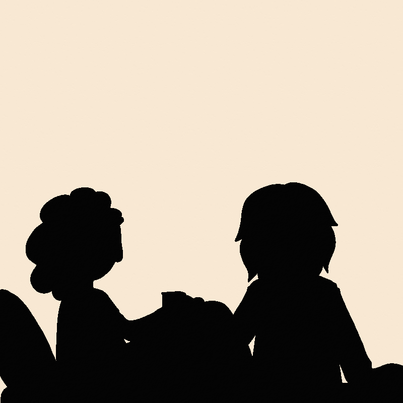 A silhouette of Yua and Jesse. Yua's sitting on the bed now, offering the cup to Jesse.