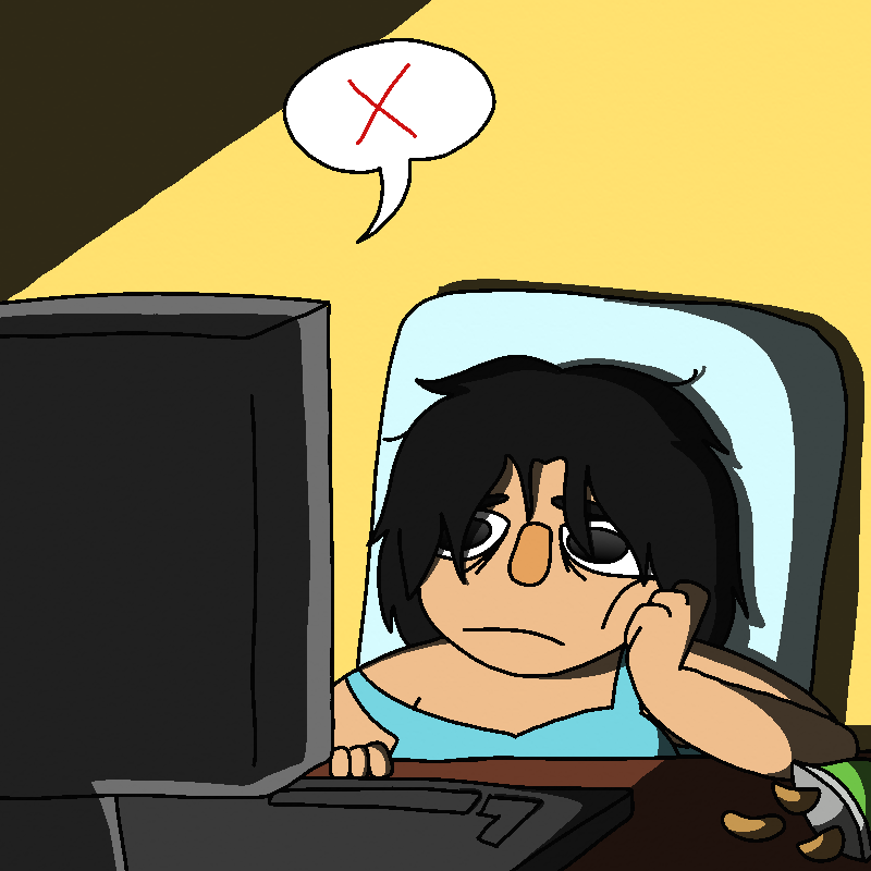 A shot of Yua sitting in front of a computer. She's slouched down in the chair, a hand on her face, frowning at her computer. Her hair is frizzy, and she seems to be wearing just a teal bra. There's an open bag of potato chips next to her on the desk.