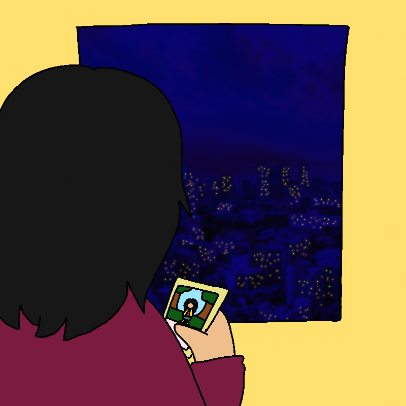 Yua stands with her back to the camera, looking out a window. She's holding her phone in a hand, which has a character creation screen on it. Beyond the window is a cityscape at night.