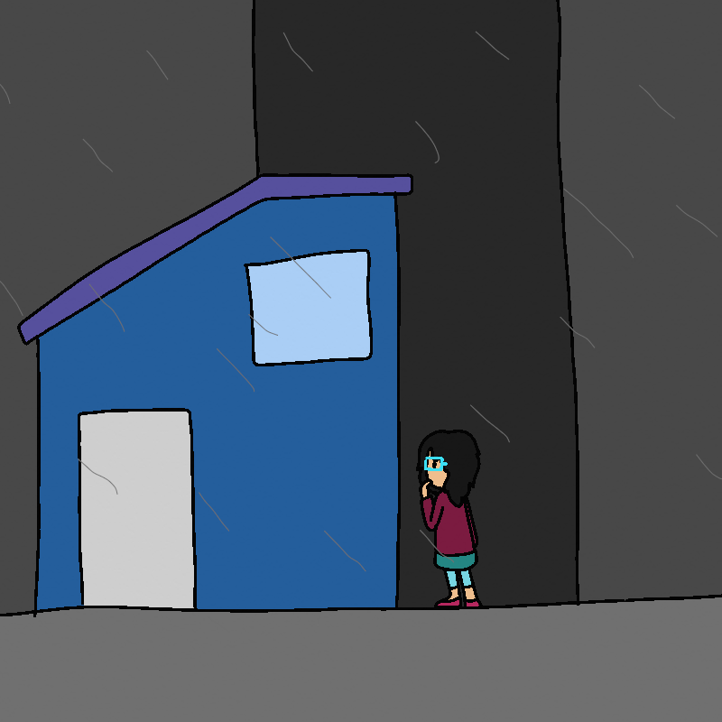Yua looks up at a bright blue villager house, a hand to her mouth in thought.