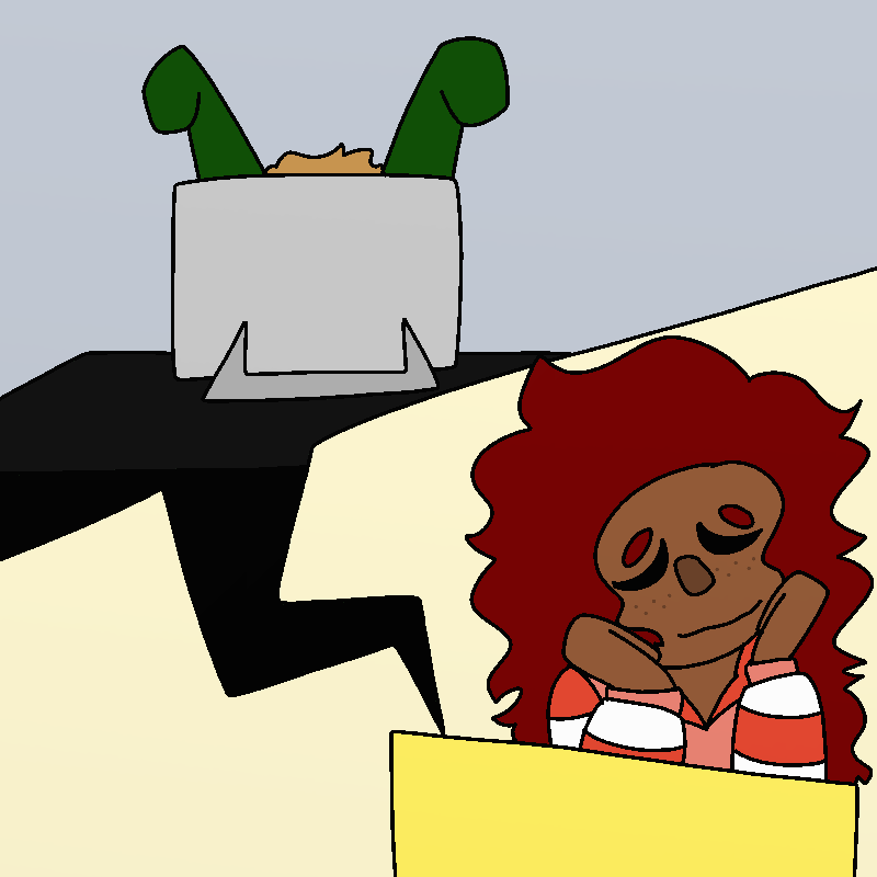 Amada rests her hands against her face with a sweet smile. The other end of the chat has bud's arms up over bud's head, and bud is mostly obscured by a laptop or computer monitor.