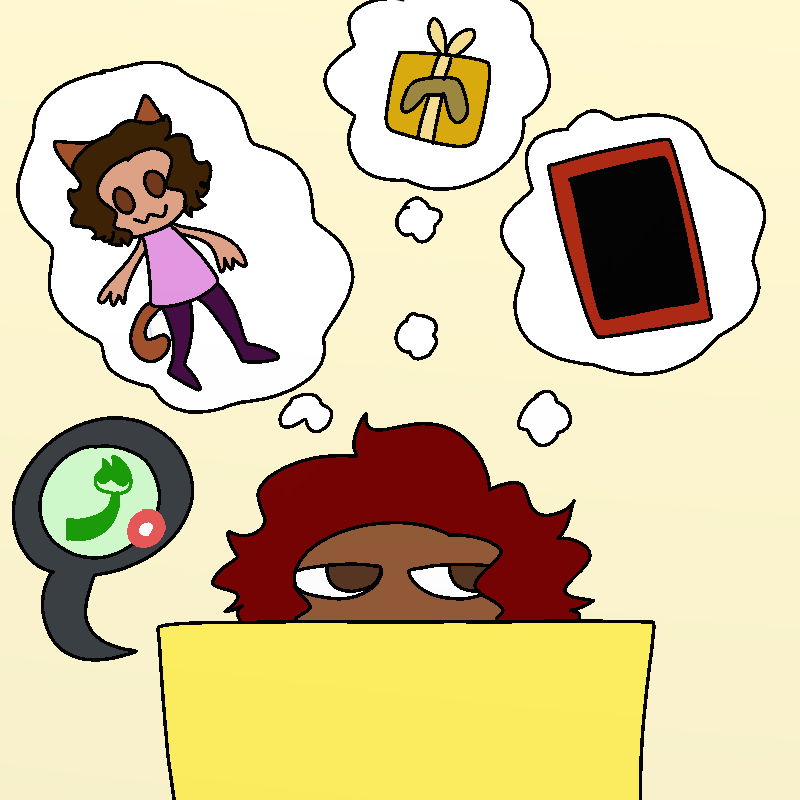 Amada looks annoyed as various thought bubbles appear above her head. One contains a cartoonish drawing of Cherry with cat ears and a tail, one contains a golden wrapped present with the icon of a game controller on it, and the last contains a red cell phone.