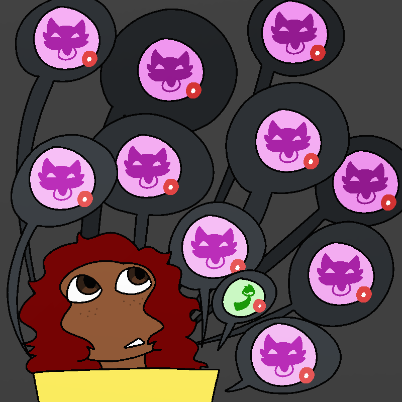 Amada looks up at a large amount of chat bubbles with Cherry's icon in them.