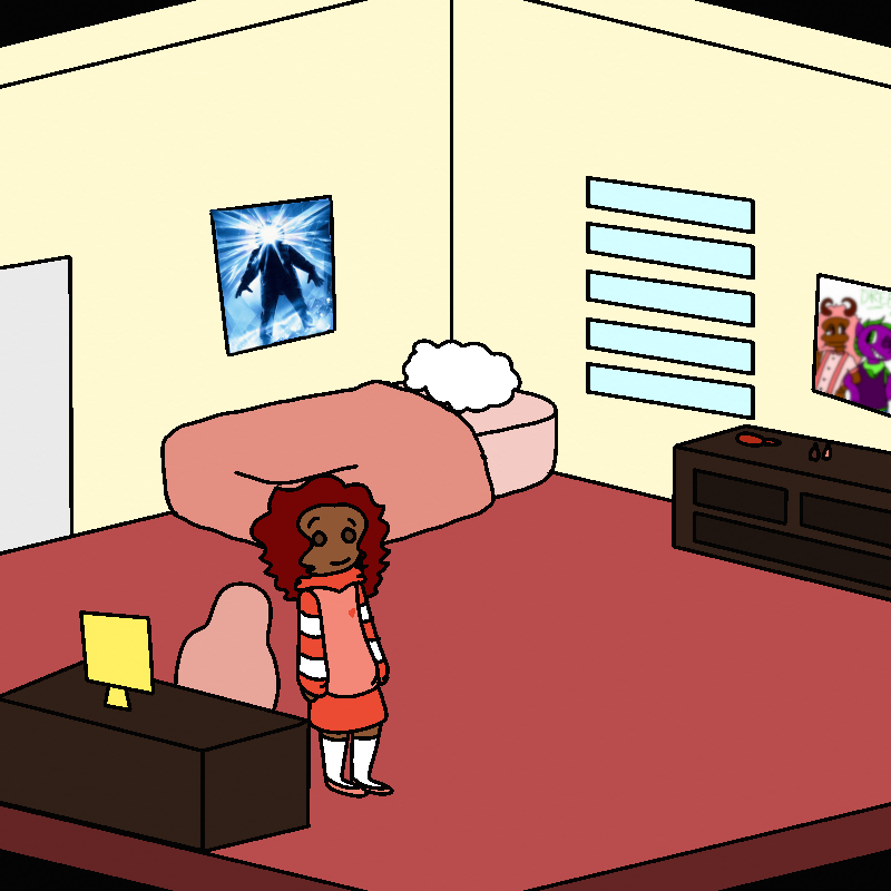 Amada stands in her bedroom. She has pale yellow walls and a light reddish carpet. Next to her is her computer desk. Her bed is in the back corner, and a poster for The Thing movie hangs above it. There is a set of narrow horizontal windows next to the bed. Her dresser is across from the bed, and above it hangs a poster of some characters.
