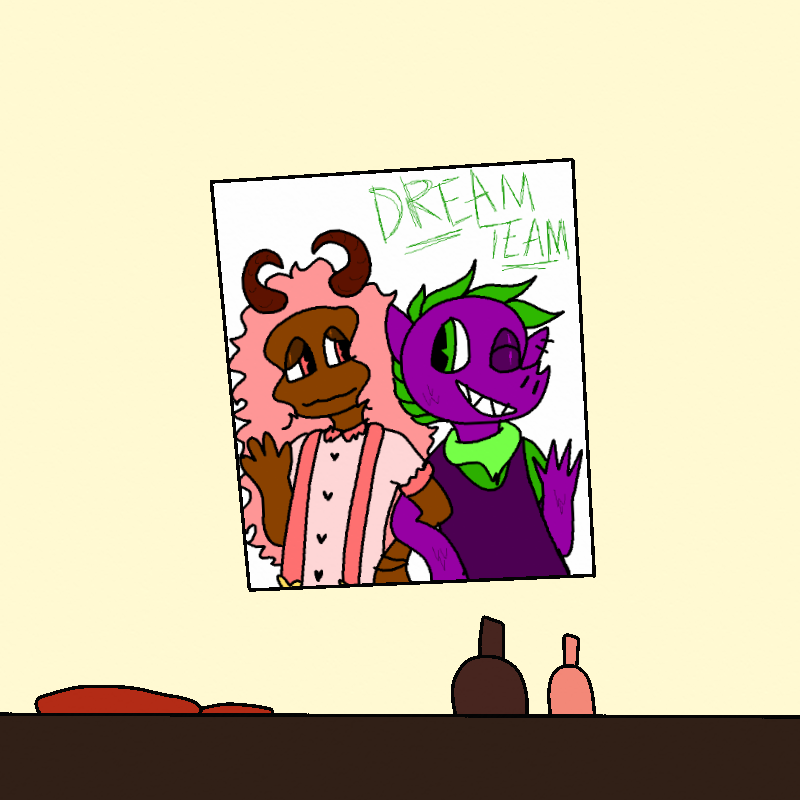 A poster sits above Amada's dresser. It's of two DnD characters. One is humanoid with pink, curly hair, dark skin, and horns. The other resembles a dragon, with purple scales and green hair.