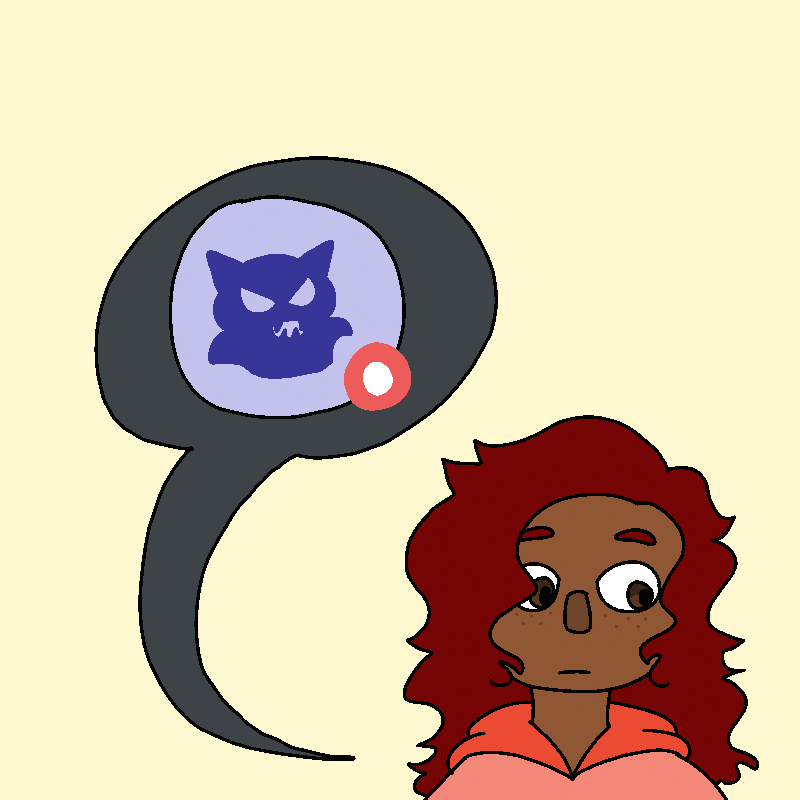 Amada is expressionless. A dark gray chat bubble appears next to her. There's a dark blue symbol of a devil within it.