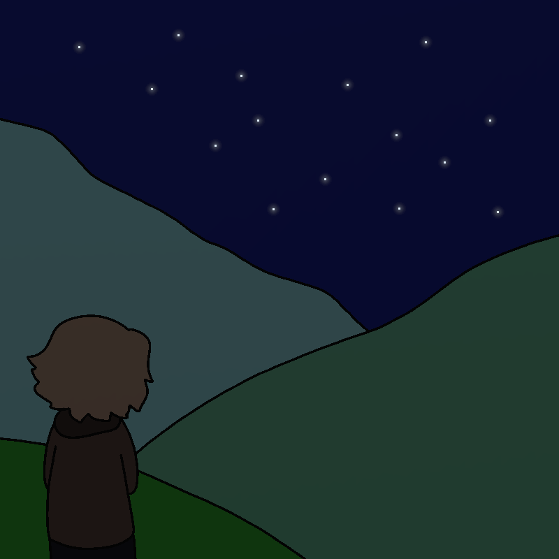 A person with short hair, wearing a brown jacket, walks among some grassy hills at night.