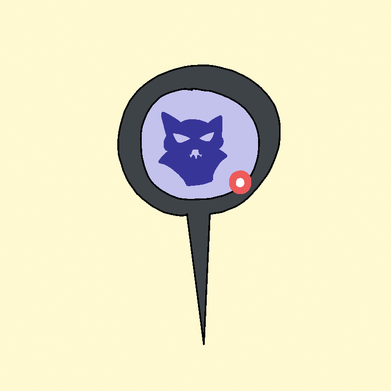A dark gray chat bubble. It has a blue outline of a demon inside it.