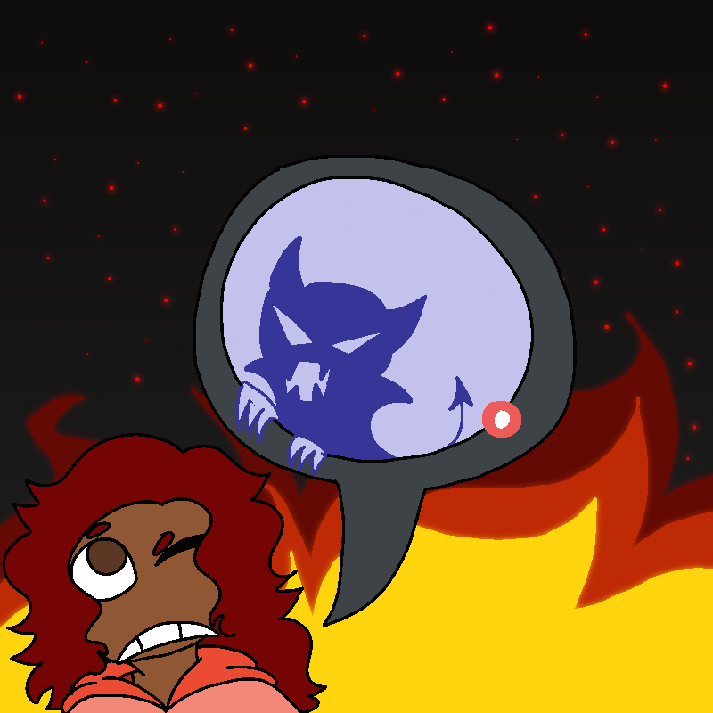 A dark gray chat bubble floats next to Amada, with a dark blue demon icon inside. It seems to be mad, and has flames in its eyes. Amada is wincing and grimacing, and the background is in flames.