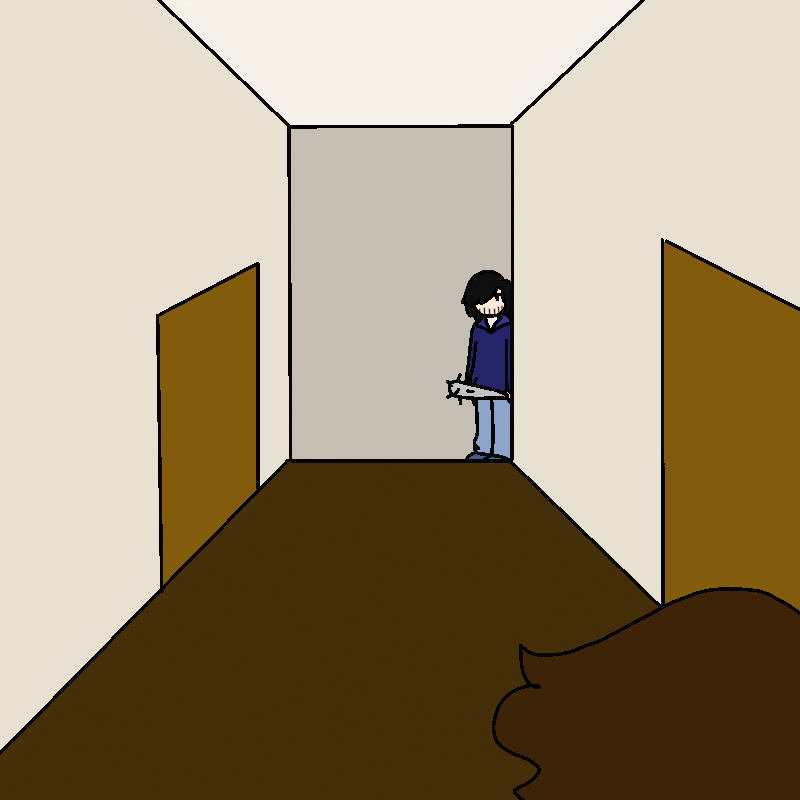 The same shot as the previous page, but Rhett stands at the end of the hallway, peering around the corner at Roy.