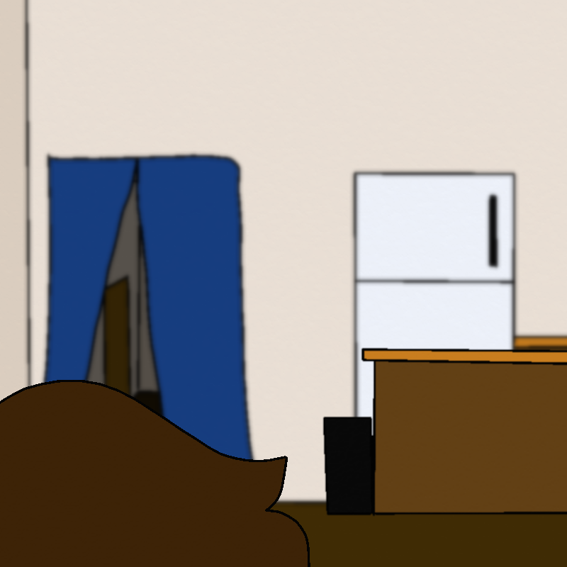 Roy looks around his apartment. There's a little kitchenette to the right side of the panel, and a hallway covered by a blue curtain to the left side of the panel.
