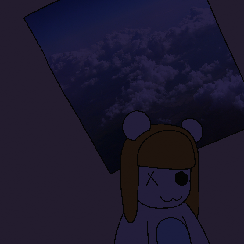 It's dark again, and identical to the last few panels. Toby the teddy bear sits in the bottom right corner of the frame, a poster of the sky above it on the wall.