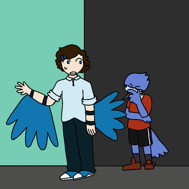The shot zooms out, revealing Roy is wearing large blue feathers strapped to his arms. Malachi puts a hand to his chin in thought.