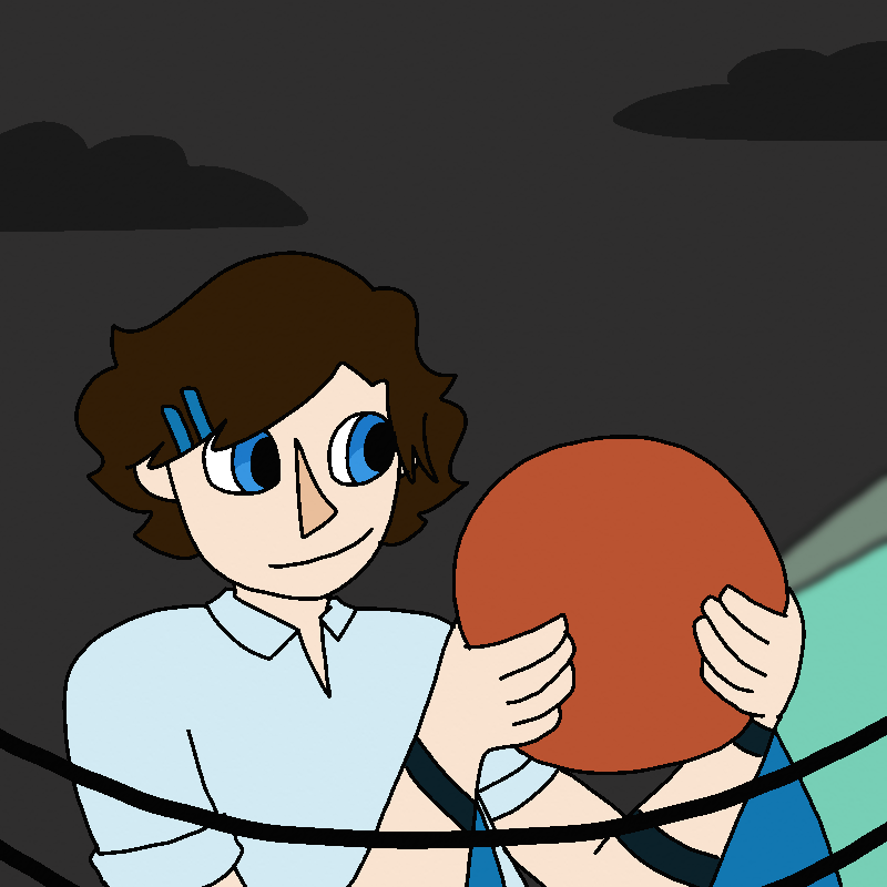 Roy floats by the electric cables, holding the orange ball in his hands and smiling happily.