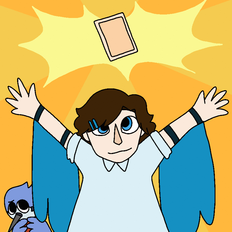 Roy holds his arms in the air, smiling. The background is yellow and striped. The card floats above Roy. Malachi watches on silently. It's reminiscent of when Rhett obtained his baseball bat.