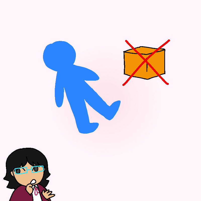 A small Yua sits at the bottom left of the panel, a hand on her chin in thought. Behind her is displayed a blue silhouette of a person, and an orange box with a red X over it.