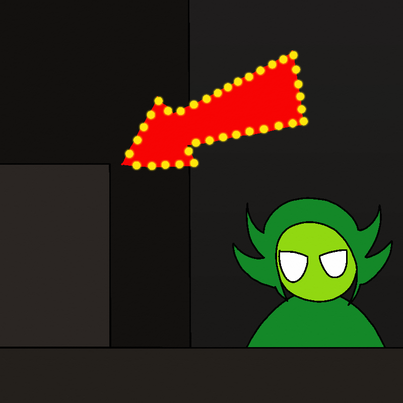 The green imp guard stands by a door on the roof of a part of the factory. The door has a big red arrow pointing towards it with flashing yellow lights.